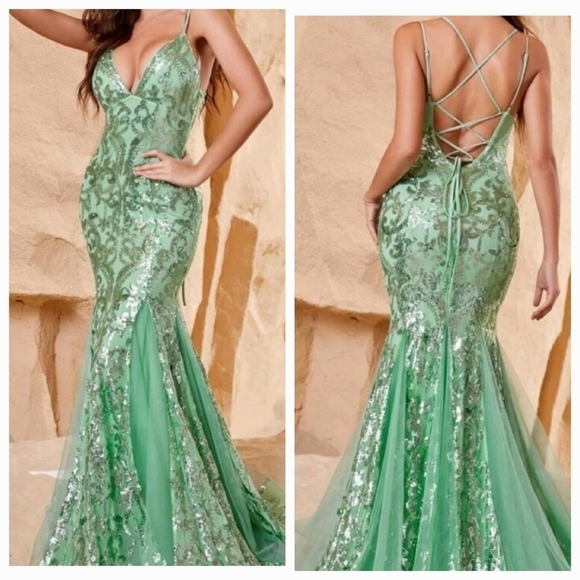 Green Party Contrast Mesh Contrast Sequin,  CRISS Cross Tie Back Cami Lu… - Picture 1 of 9